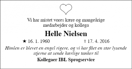 Dødsannoncen for  Helle Nielsen - Ødsted ( Vejle )
