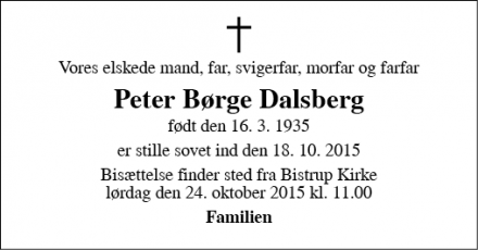 Dødsannoncen for  Peter Børge Dalsberg - Birkerød
