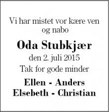 Dødsannoncen for Oda Stubkjær - 6920 Vorgod-Barde