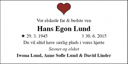 Dødsannoncen for Hans Egon Lund - Kollund