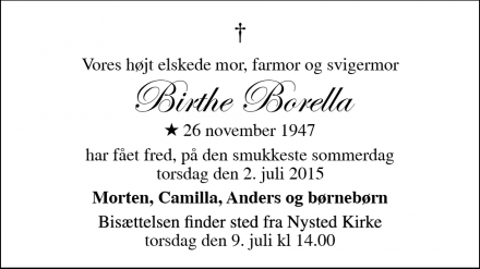 Dødsannoncen for Birthe Borella - Nysted