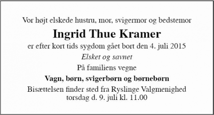 Dødsannoncen for Ingrid Thue Kramer - Gultved