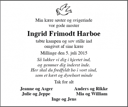 Dødsannoncen for Ingrid Frimodt Harboe - Millinge