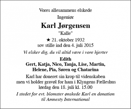Dødsannoncen for Karl Jørgensen - Greve