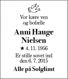 Dødsannoncen for Anni Hauge Nielsen - Vildbjerg