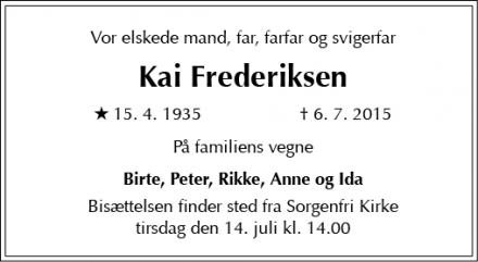 Dødsannoncen for Kai Frederiksen - Virum