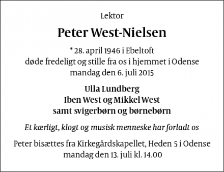 Dødsannoncen for Peter West-Nielsen - Odense