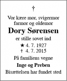 Dødsannoncen for Dory Sørensen - Skive