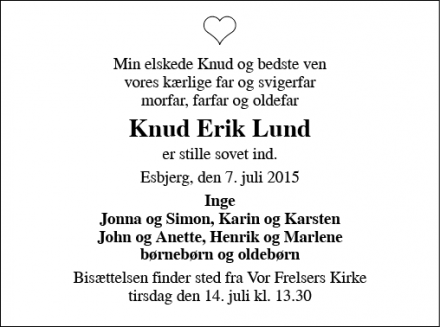Dødsannoncen for Knud Erik Lund - Esbjerg