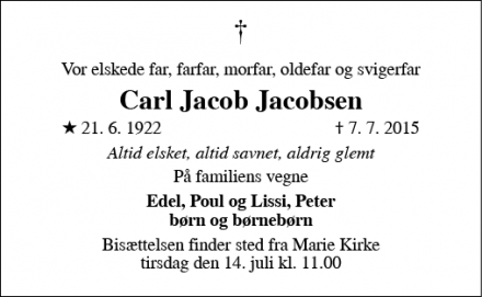Dødsannoncen for Carl Jacob Jacobsen - Sønderborg