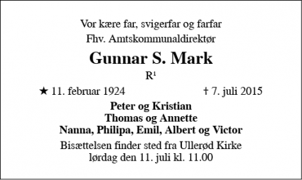 Dødsannoncen for Gunnar S. Mark - Hjørring