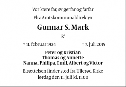 Dødsannoncen for Gunnar S. Mark - Hjørring