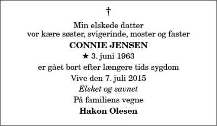 Dødsannoncen for Connie Jensen - Vive