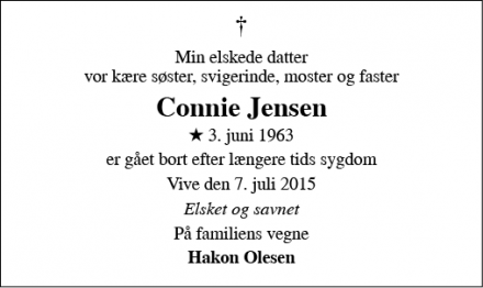 Dødsannoncen for Connie Jensen - Vive