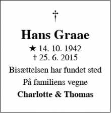 Dødsannoncen for Hans Graae - Tårnby