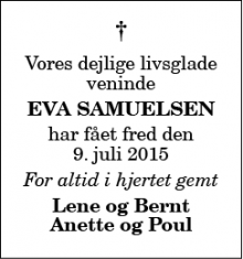 Dødsannoncen for Eva Samuelsen - Svenstrup J