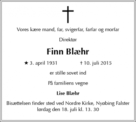 Dødsannoncen for Finn Blæhr - nykøbing falster