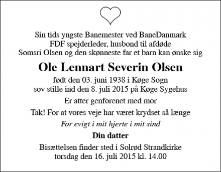 Dødsannoncen for Ole Lennart Severin Olsen  - Solrød Strand
