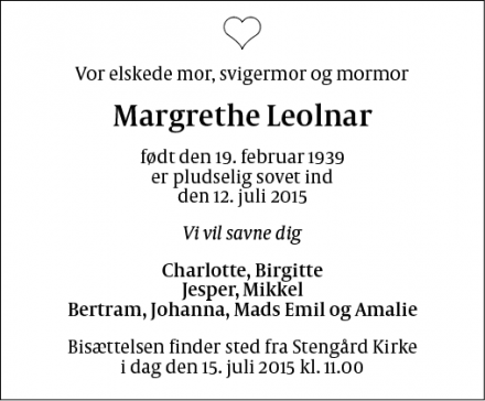 Dødsannoncen for Margrethe Leolnar - Bagsværd