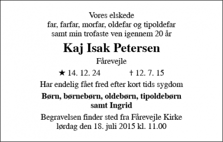 Dødsannoncen for Kaj Isak Petersen - Fårevejle