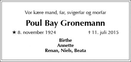 Dødsannoncen for Poul Bay Gronemann - Frederiksberg