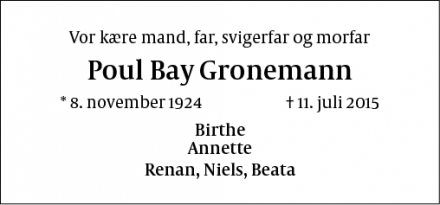 Dødsannoncen for Poul Bay Gronemann - Frederiksberg