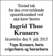 Dødsannoncen for Ingrid Thue Kramer - Kværndrup
