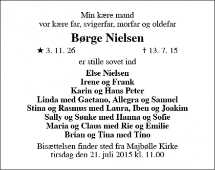Dødsannoncen for Børge Nielsen - Majbølle