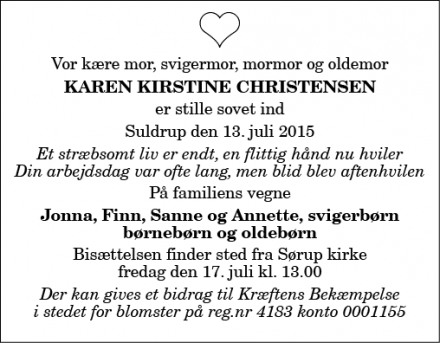 Dødsannoncen for Karen Kirstine Christensen - Suldrup