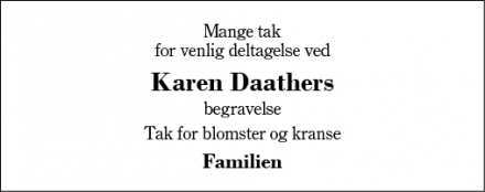 Dødsannoncen for Karen Daathers - Vind