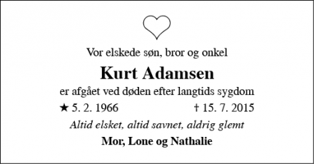Dødsannoncen for Kurt Adamsen - Låsby