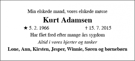 Dødsannoncen for Kurt Adamsen - Låsby