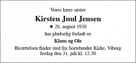 Dødsannoncen for Kirsten Juul Jensen - Viborg