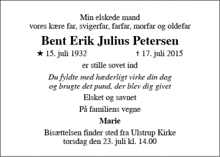 Dødsannoncen for Bent Erik Julius Petersen - Ulstrup