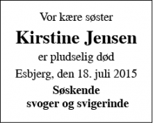 Dødsannoncen for Kirstine Jensen - Esbjerg Ø (Sydvest Jylland)