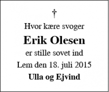 Dødsannoncen for Erik Olesen - Lem