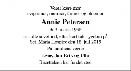 Dødsannoncen for Annie Petersen - Fredericia