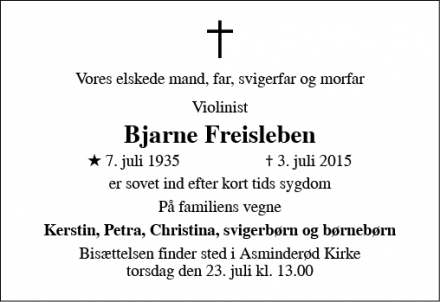 Dødsannoncen for Bjarne Freisleben - Fredensborg