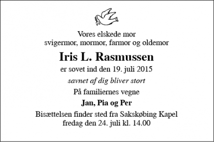 Dødsannoncen for Iris L. Rasmussen - Sakskøbing