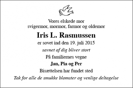 Dødsannoncen for Iris L. Rasmussen - Sakskøbing