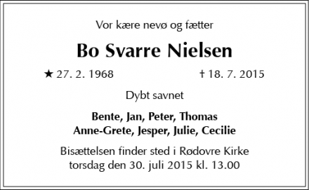 Dødsannoncen for Bo Svarre Nielsen - Rødovre