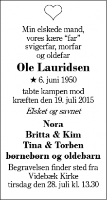 Dødsannoncen for Ole Lauridsen - Videbæk