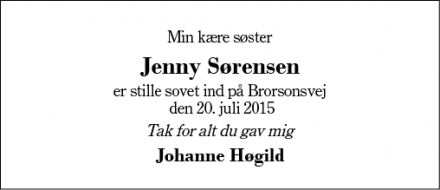 Dødsannoncen for Jenny Sørensen - Herning