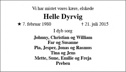 Dødsannoncen for Helle Dyrvig - Nørre Aaby