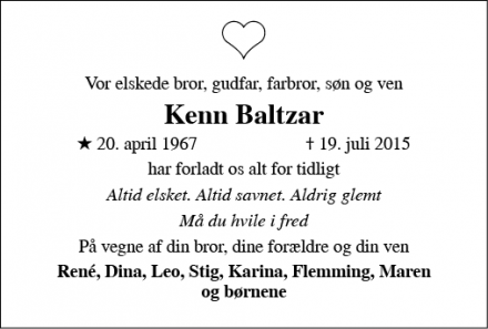 Dødsannoncen for René Baltzar - Tune/Karslunde.
