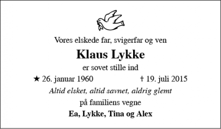 Dødsannoncen for Klaus Lykke - ringsted