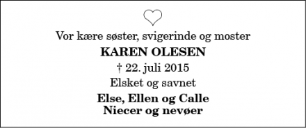 Dødsannoncen for Karen Olesen - Frederikshavn