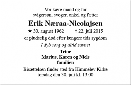 Dødsannoncen for Erik Næraa-Nicolajsen - Roskilde