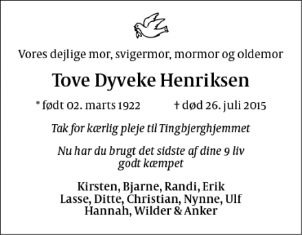 Dødsannoncen for Tove Dyveke Henriksen - københavn