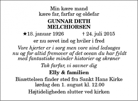 Dødsannoncen for Gunnar Melchiorsen - HJørring